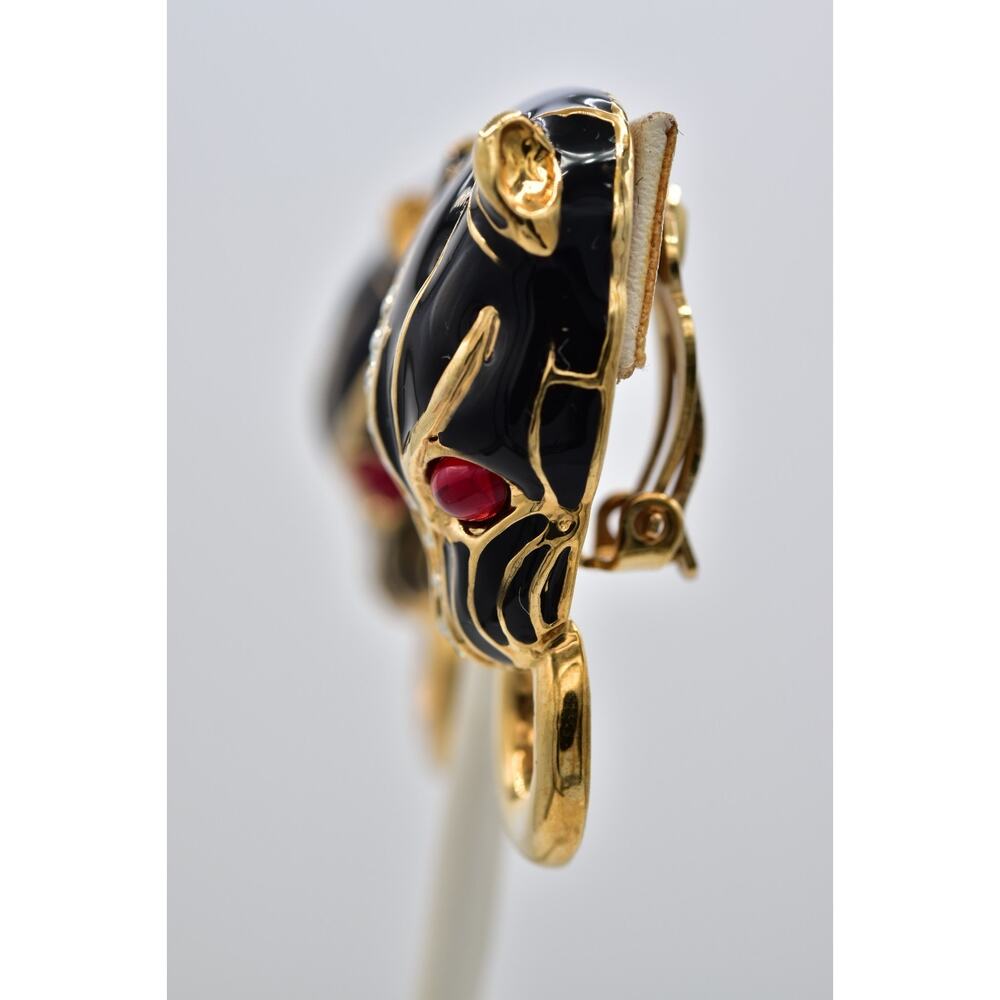 Vintage NOS Panther Head Clip On Earrings Red Cabochon Black Enamel 1980s A28 - Picture 11 of 12